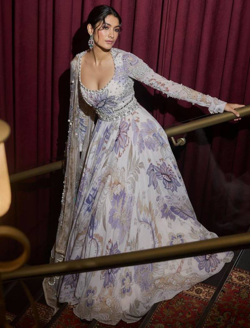 White georgette printed flared gown set
