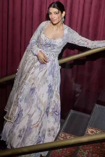 White georgette printed flared gown set