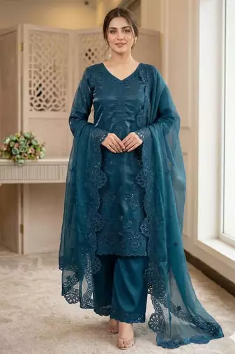Teal-blue silk blend embroidered palazzo set