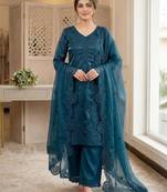 Teal-blue silk blend embroidered palazzo set