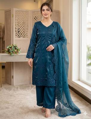 Teal-blue silk blend embroidered palazzo set 2
