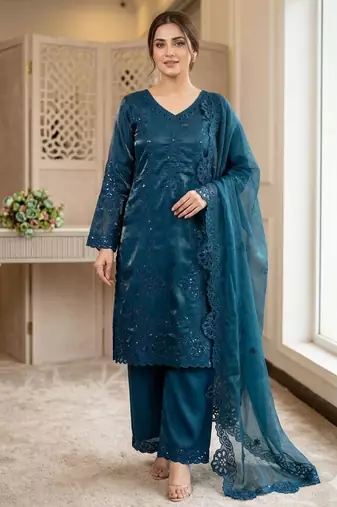 Teal-blue silk blend embroidered palazzo set