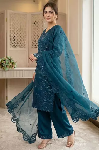 Teal-blue silk blend embroidered palazzo set
