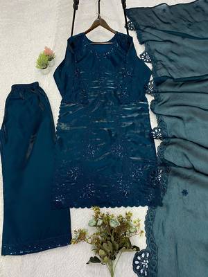 Teal-blue silk blend embroidered palazzo set 4