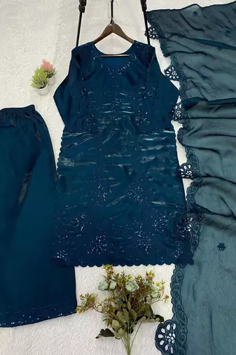 Teal-blue silk blend embroidered palazzo set