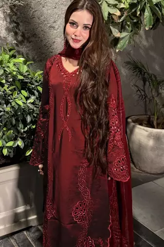 Red silk blend embroidered palazzo set