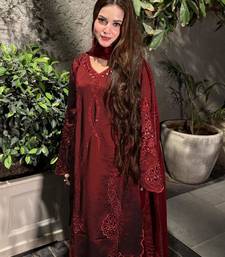 Red silk blend embroidered palazzo set