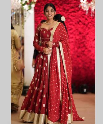 Red georgette embroidered flared gown set 1