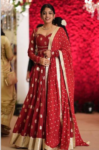 Red georgette embroidered flared gown set
