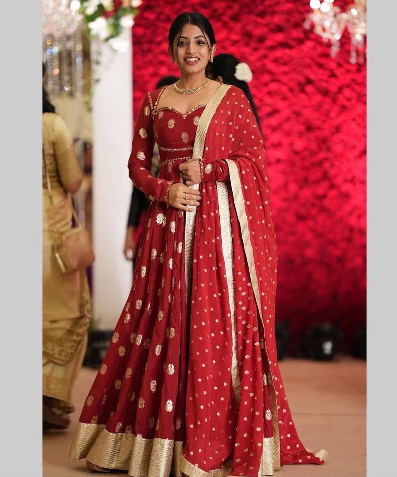 Red georgette embroidered flared gown set