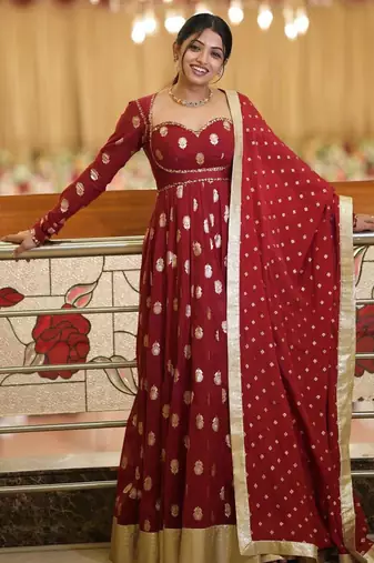 Red georgette embroidered flared gown set