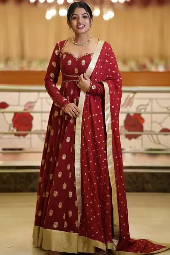 Red georgette embroidered flared gown set