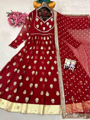 Red georgette embroidered flared gown set 4