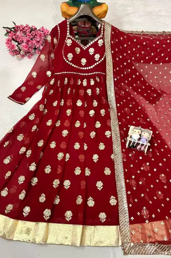 Red georgette embroidered flared gown set