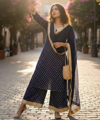 Navy-blue georgette printed palazzo set 1