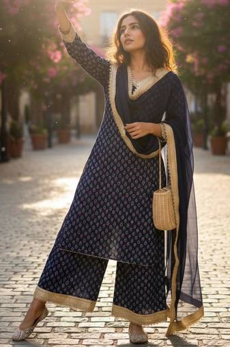Navy-blue georgette printed palazzo set
