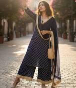 Navy-blue georgette printed palazzo set