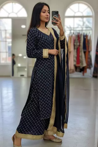 Navy-blue georgette printed palazzo set
