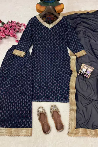 Navy-blue georgette printed palazzo set