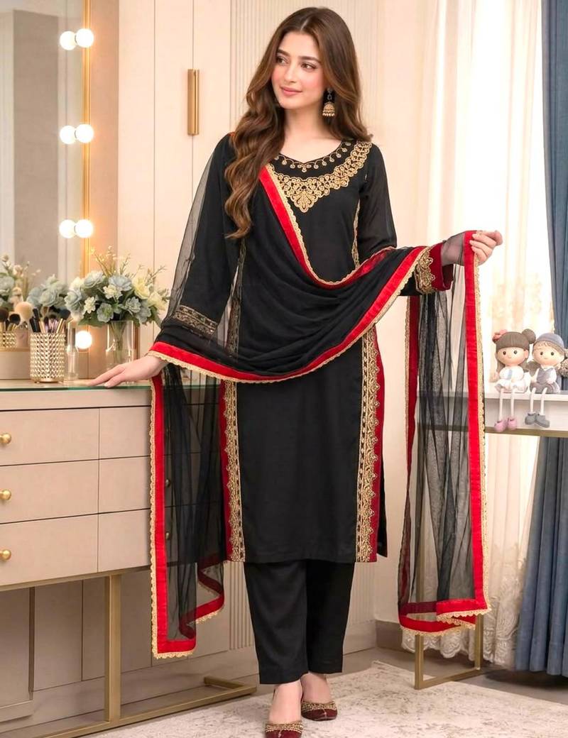 Black silk blend embroidered palazzo set