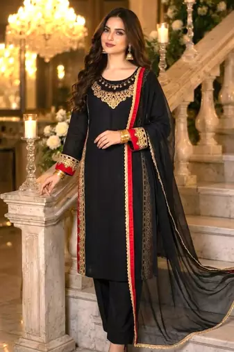 Black silk blend embroidered palazzo set
