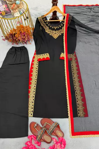 Black silk blend embroidered palazzo set