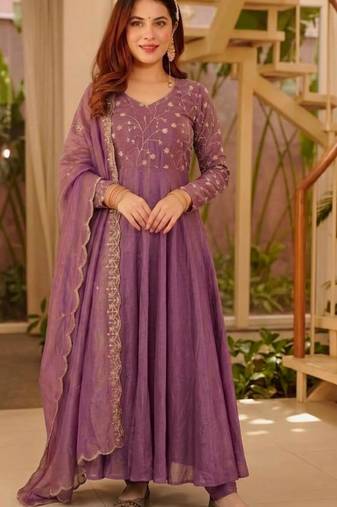 Lavender silk blend embroidered anarkali set