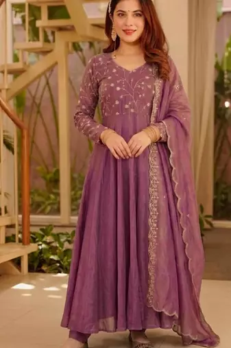 Lavender silk blend embroidered anarkali set