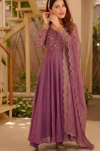 Lavender silk blend embroidered anarkali set