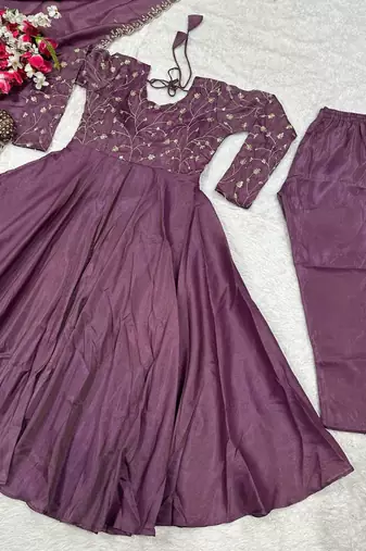Lavender silk blend embroidered anarkali set