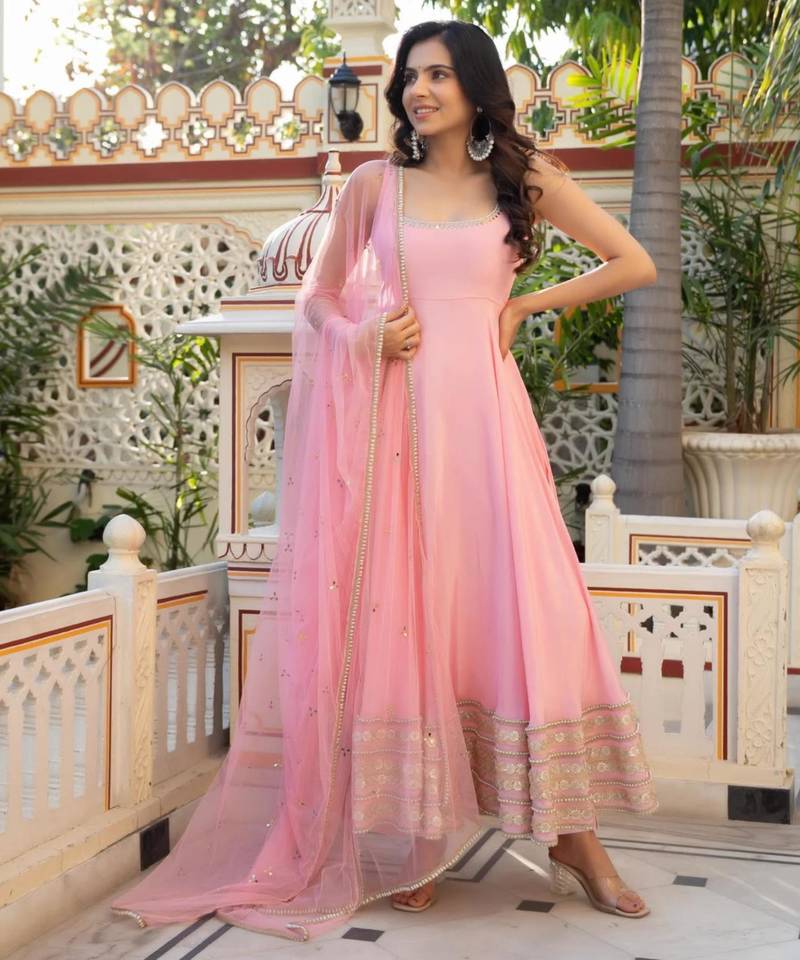 Pink crepe moti anarkali set