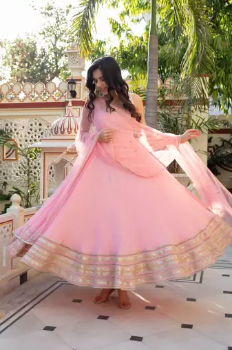 Pink crepe moti anarkali set