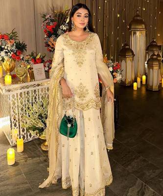 White silk blend embroidered palazzo set 1