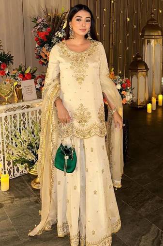 White silk blend embroidered palazzo set