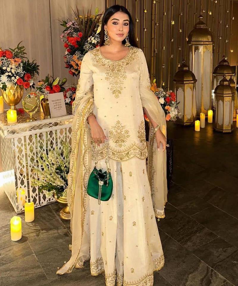 White silk blend embroidered palazzo set