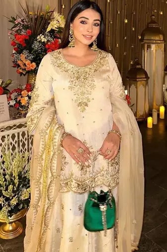 White silk blend embroidered palazzo set