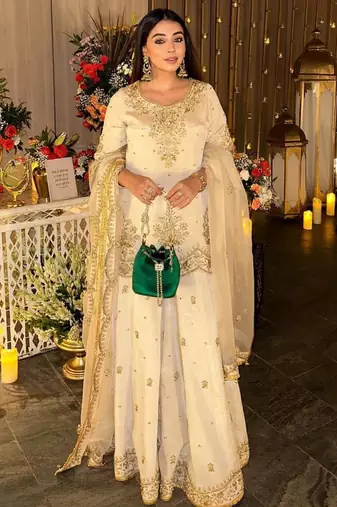 White silk blend embroidered palazzo set