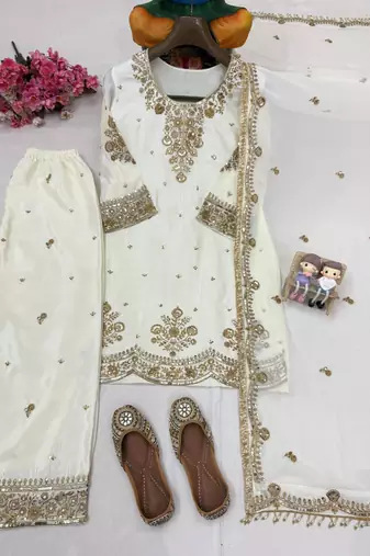 White silk blend embroidered palazzo set