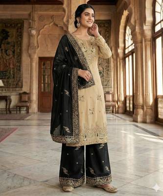 Beige silk blend embroidered palazzo set 1