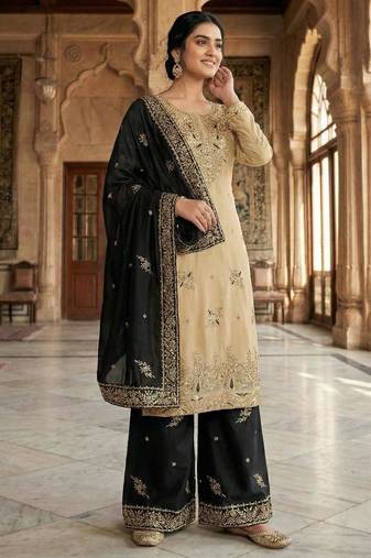 Beige silk blend embroidered palazzo set