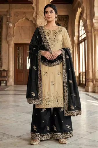 Beige silk blend embroidered palazzo set