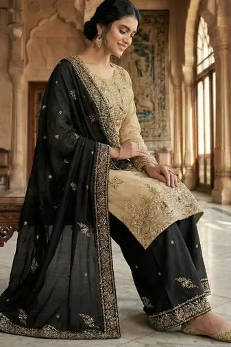Beige silk blend embroidered palazzo set