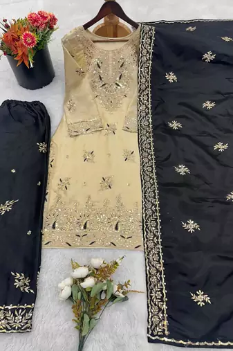 Beige silk blend embroidered palazzo set