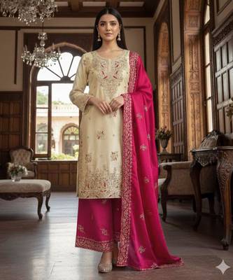 Beige silk blend embroidered palazzo set 1