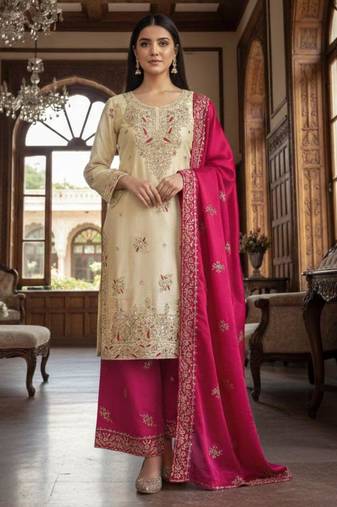 Beige silk blend embroidered palazzo set
