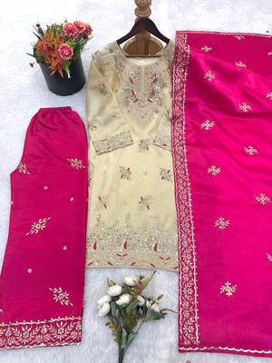 Beige silk blend embroidered palazzo set 2