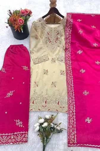 Beige silk blend embroidered palazzo set