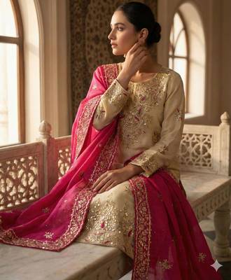 Beige silk blend embroidered palazzo set 3
