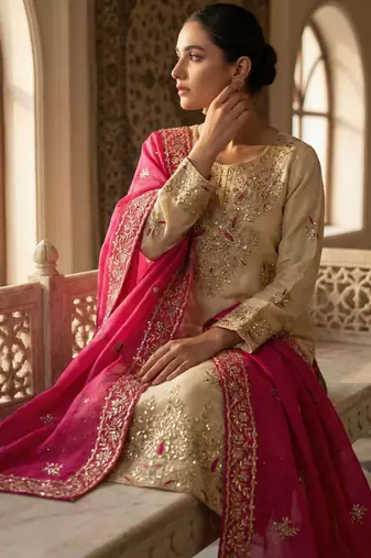Beige silk blend embroidered palazzo set