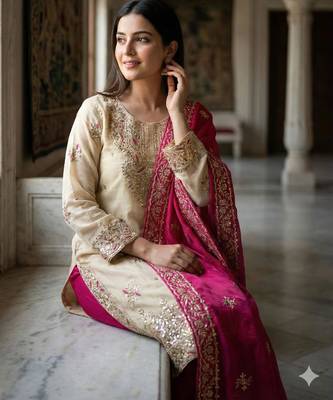 Beige silk blend embroidered palazzo set 4